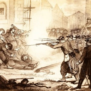 Exécution de communards parisiens par les troupes versaillaises, reproduction d'un dessin