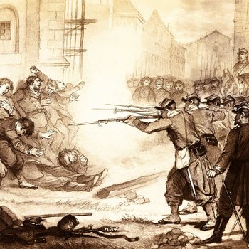 Exécution de communards parisiens par les troupes versaillaises, reproduction d'un dessin