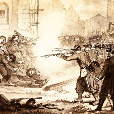 Exécution de communards parisiens par les troupes versaillaises, reproduction d'un dessin