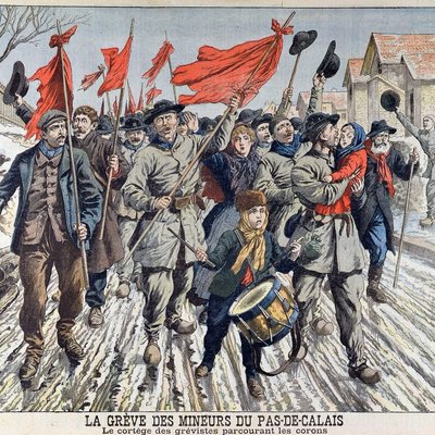 French_School_-_The_Strike_of_miners_in_Pas-de-Calais_the_procession_of_the_strikers_in_the_mini_-_(MeisterDrucke-419559)