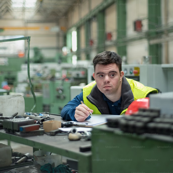 Jeune homme trisomique travaillant dans une entreprise industrielle